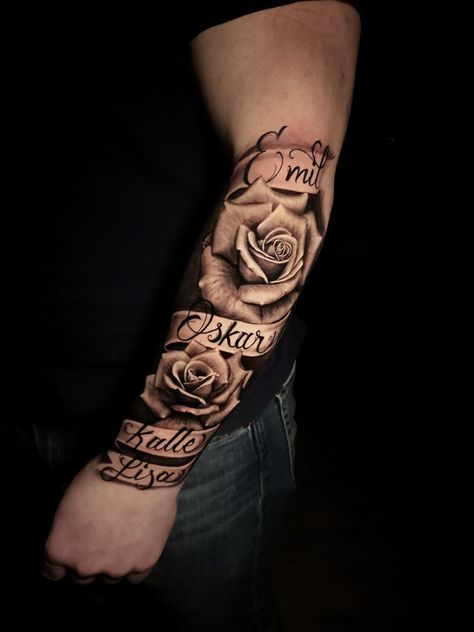 Forearm Tattoos With Names, Rose With Names Tattoo, Rose Tattoo With Name For Men, Daughter Name Tattoo For Men, Child Name Tattoo Ideas For Men, Wife Name Tattoo For Men, Kids Names Tattoos For Dads, Tattoos Kids Names, 143 Tattoo Ideas