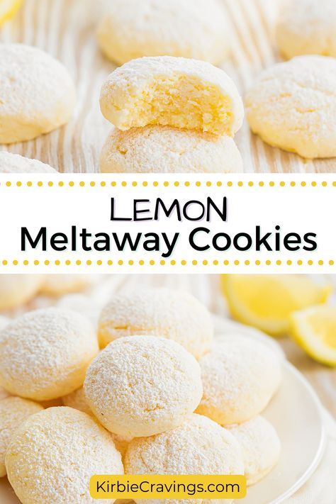 These lemon meltaway cookies are crunchy, sweet and melt in your mouth as you eat them. The cookies are easy to make and don’t require any flour or eggs. I love making meltaway cookies. These little round morsels are so cute and make a nice sweet treat. This lemon version is my new favorite one. The lemon adds so much flavor and it reminds me a little of eating lemon bars. Meyer Lemon Cookies Recipes, Lemon Cloud Cookies, Lemon Drop Cookies Recipes, Lemon Meltaway Cookies, Freezer Snacks, Easy Lemon Cookies, Cookies No Flour, Lemon Meringue Cookies, Lemon Cookies Easy