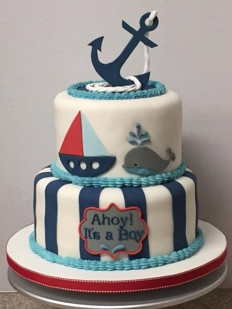 Nautical Birthday Cakes, Nautical Baby Shower Cake, Baby Shower Themes For Boys, Nautical Baby Shower Boy, Sailor Baby Showers, Navy Baby Showers, Baby Shower Ideas For Boys, Nautical Birthday Party, Nautical Cake