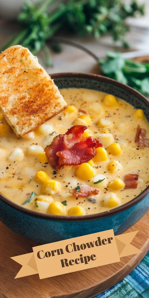 Savor the rich, creamy goodness of this Corn Chowder! A delicious blend of sweet corn, potatoes, and bacon in a velvety broth—comfort in every spoonful." Corn And Fish Chowder, Corn Chowder With Evaporated Milk, Gf Corn Chowder, Sweet Potato Corn Chowder, Corn Chowder With Creamed Corn, Cheesy Chicken Corn Chowder, Corn Chowder Recipe Easy, New England Corn Chowder, Sausage And Corn Chowder