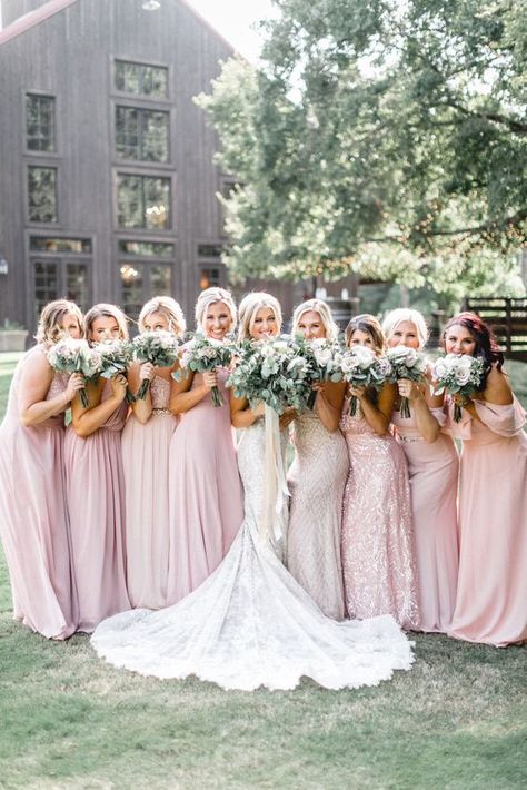 Pink And Grey Wedding, Wedding Flowers Cost, Blush And Grey Wedding, Pink Grey Wedding, Grey Wedding Theme, Allure Bridal Gowns, Pastel Pink Weddings, Light Pink Wedding, Stunning Bridesmaid Dresses