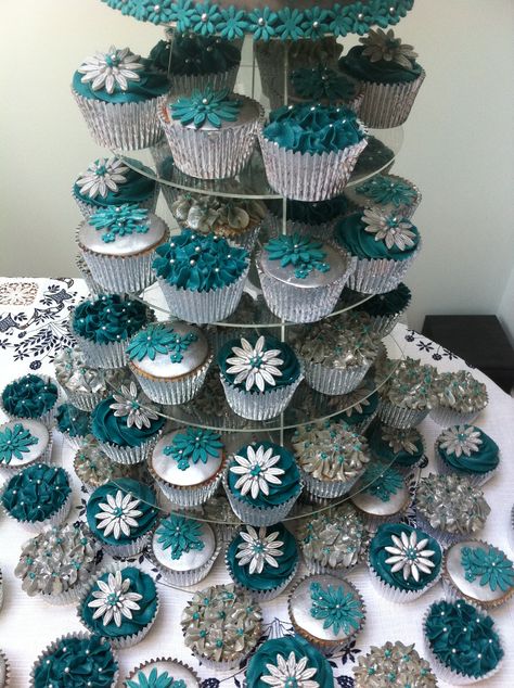 Teal and silver Wedding Cake + 80 cupcakes Teal And Silver Wedding, Teal Wedding Decorations, Teal Wedding Cake, Teal And Silver, Silver Wedding Cake, Round Wedding Cakes, Purple Wedding Cakes, Cake And Cupcakes, Winter Wedding Colors