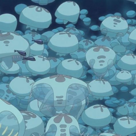 Ponyo Icons, Studio Ghibli Characters, Blue Jellyfish, Computer Wallpaper Desktop Wallpapers, Ghibli Artwork, Soft Wallpaper, Studio Ghibli Art, Ghibli Art, Night Painting