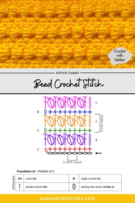 Bead Crochet Stitch is a fun textured stitch that looks similar to a puff stitch and is worked sideways around a double crochet. #aabharcreations #crochetwithaabhar #crochetstitch #crochetlover #howtocrochet #crochetpattern #crocheteveryday #crochet #crochetdesign #yarnaddict #instacrochet #haken #freepattern #freecrochetpattern #videotutorial #crochetchart Crochet Stitch Chart, Crochet Bead Stitch, Crochet Sampler Blanket, Crochet Stitch Pattern, Crochet Dog Clothes, Crochet 101, Crochet Stitches Chart, Bead Stitch, Crochet Afghan Patterns Free