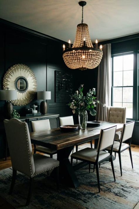 24 Moody Dining Room Ideas to Inspire Your Dramatic Style Dining Room Dramatic, Moody Dining Room Design, Black Dining Rooms, Dark Moody Dining Room Ideas, Speakeasy Dining Room Ideas, Formal Dining Rooms, Elegant Dining Room Ideas, Dark Moody Dining Room, Dark Dining Room Ideas