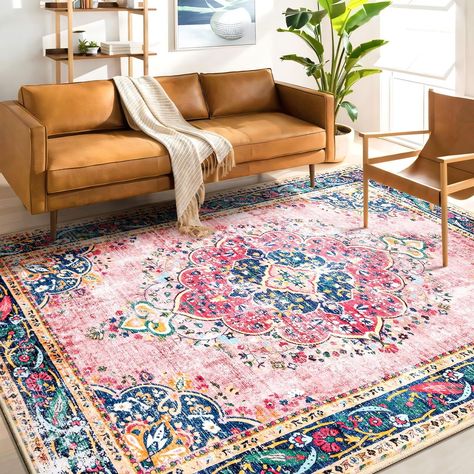 Colorful Minimalist Living Room Apartment, Area Rug In Bedroom Ideas, Bold Rugs In Living Room, Pink And Teal Rug, Cozy Rugs For Bedroom, Pink And Grey Living Room Ideas, Colorful Area Rugs In Living Room, Dreamy Room Decor, Pink Living Room Rug