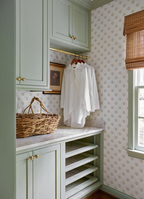 Kitchen, Breakfast & Laundry Rooms — Anne Anderson Home Cottage Laundry Room, Laundry Room/mudroom, Laundry Nook, Laundry Room/mud Room, Green Laundry, Laundry Room Wallpaper, Laundry Cabinets, Mudroom Laundry Room, Laundry Room Renovation