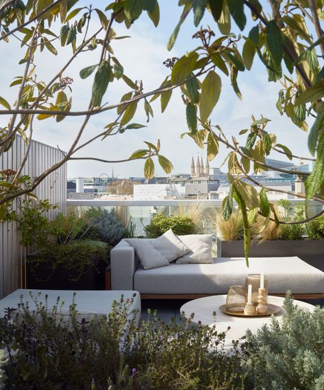 Urban city garden idea with white furniture and plenty of plants Roof Garden Design, Terrace Furniture, Modern Balcony, Small Terrace, Rooftop Terrace Design, Rooftop Design, Balcony Plants, Apartment Terrace, Rooftop Patio