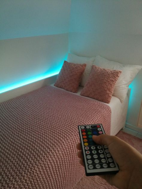 Led Light Behind Bed, Led Lights Behind Bed, Lights Behind Bed, Pillows And Blankets, Small Bedroom Decor, Pink Pillows, My Bed, Small Bedroom, White Linen