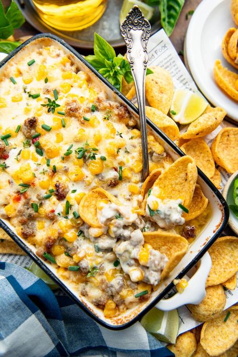 Just in time for football tailgates, watch parties, and holiday gatherings, this hot, cheesy, and easy 4-ingredient sausage dip with corn is the perfect appetizer! Sausage Corn Dip, Ground Sausage Appetizers, Sausage App, Dip With Corn, Corn And Sausage, Sausage Appetizer Recipes, Spicy Sausage Dip, Cheesy Sausage Dip, Sausage Dip Recipe