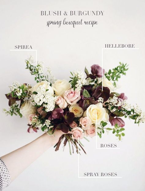 Seasonal Bridal Bouquet Recipes | Spring Bouquet | Burgundy Bridal Bouquet | Burgundy Flowers Bouquet Recipes, Bouquet Recipe, Flowers Ideas, Burgundy Flowers, Spring Bouquet, Flower Food, Wedding Arrangements, Wedding Flower Arrangements, Bridal Flowers