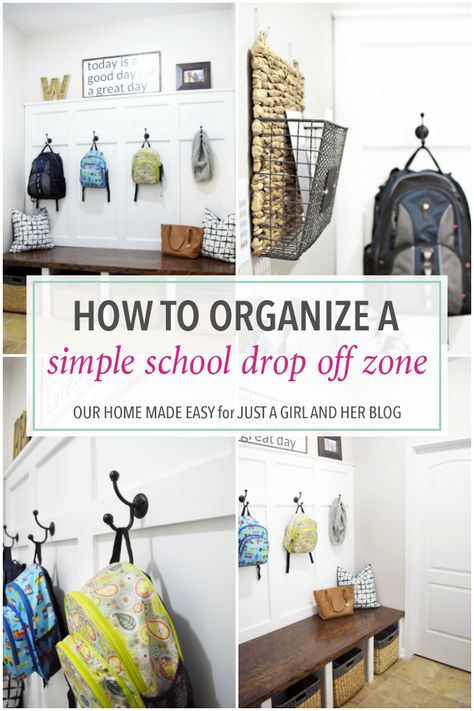 Create an organized school drop off zone to help your family get out the door more easily in the mornings-- no more searching around for missing items! Backpack Drop Zone Small Spaces, Bag Drop Zone, School Drop Zone, Bookbag Storage, School Bag Storage, Organized School, Organize School, Space Hacks, Organization School