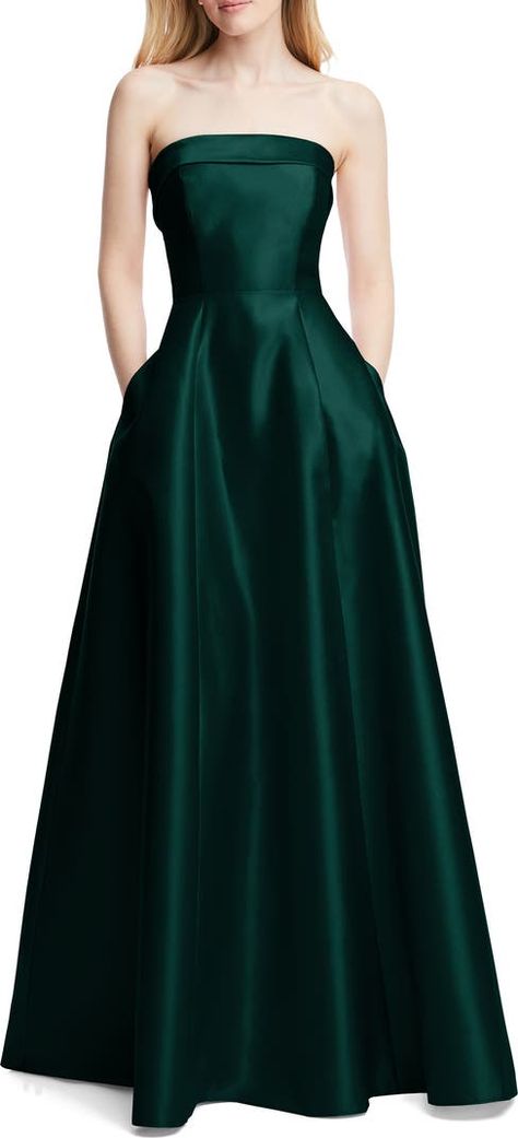 Alfred Sung Strapless Cuff Satin Gown | Nordstrom Strapless Prom Dress, Alfred Sung, Navy Bridesmaid Dresses, Prom Dress Inspiration, Strapless Gown, Blue Bridesmaids, Satin Gown, A Line Gown, Prom Dresses Blue