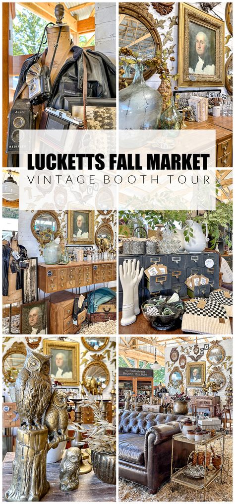 Take a tour of my booth at the Lucketts Fall Market, one of the hippest vintage markets on the East Coast! #vintagedisplay #vintagedecor #vintagefinds Indoor Flea Market Booth Display, How To Set Up A Booth At An Antique Mall, Vintage Booth Display Ideas Vignettes, Country Store Display Ideas, Antique Booth Displays Inspiration, Vintage Market Booth Ideas, Antique Shop Aesthetic, Antique Shop Display Ideas, Antique Booth Ideas Staging