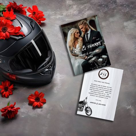 Modern Casual Biker Wedding Motorcycle Theme Thank You Card Biker Wedding Theme, Mechanic Wedding, Wedding Motorcycle, Modern Motorcycle, Harley Davidson Wedding, Motorcycle Wedding, Biker Wedding, Motorcycle Adventure, Motorcycle Drawing