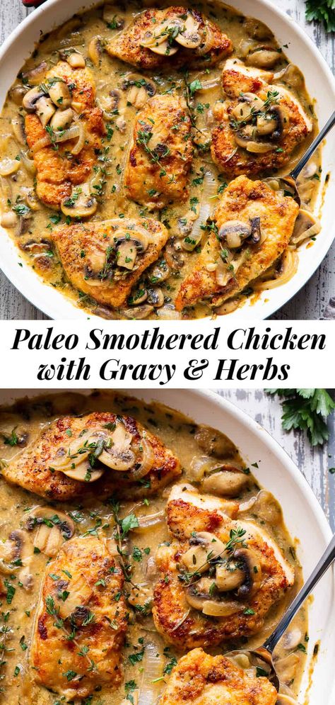 Smothered Chicken With Gravy, Paleo Chicken Breast, Chicken With Gravy, Paleo Entrees, Paleo Running Momma, Whole30 Dinner Recipes, Paleo Main Dishes, Paleo Chicken Recipes, Whole30 Keto