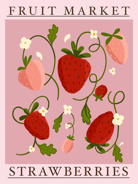 Strawberry Poster, Veranda Cafe, Printable Wall Collage, Fruit Market, Sign Illustration, Market Sign, Bedroom Wall Collage, Flower Market Poster, Pink Posters