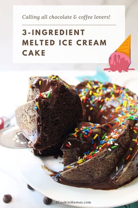 This 3-Ingredient Melted Ice Cream Cake is surprisingly moist, rich and tastes every bit homemade. Melted coffee ice cream brings the flavor of coffee to a boxed chocolate cake that takes only 5 minutes to whip up. Finish with a drizzle of chocolate espresso ganache because there is never too much chocolate! #chocolatecake #meltedicecreamcake #threeingredientcake #meltedicecreamcakerecipe #2cookinmamas #dessert #easyrecipe Melted Ice Cream Cake, Melted Ice Cream, Melted Ice Cream Cake Recipe, Cool And Creamy Coffee Icebox Cake, Coffee Ice Cream Cake, Homemade Mint Chocolate Chip Ice Cream Cake, Fudge Ice Cream Cake, Chocolate Box Cake, Vegetarian Chocolate Cake