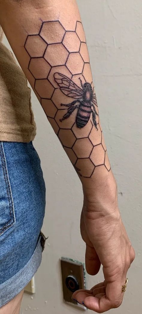 Honey Comb Tattoo Men, Honeycomb Arm Tattoo, Geometric Bee Tattoo Honeycomb, Homey Comb Tattoo Design, Honey Comb Leg Tattoo, Honeycomb Tattoo Design Patterns, Beehive Tattoo Ideas, Geometric Honeycomb Tattoo Design, Honey Comb Tattoo Designs