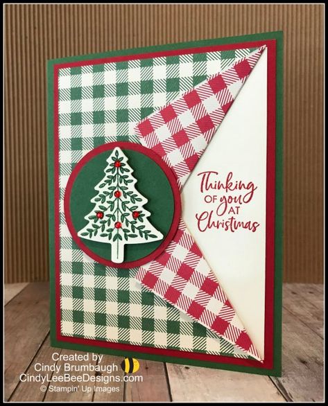 Stampin Up Perfectly Plaid, Plaid Cards, Bee Designs, Stamped Christmas Cards, Simple Christmas Cards, Handmade Christmas Card, Homemade Christmas Cards, Stampin Up Christmas Cards, Christmas Tree Cards