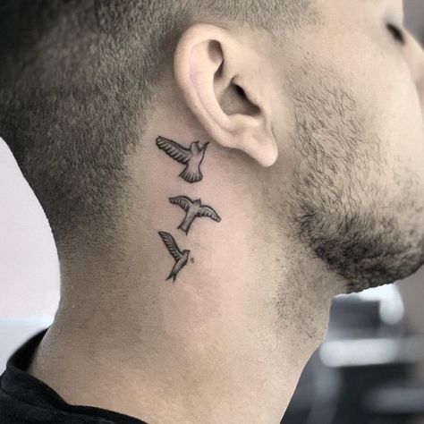 Behind The Ear Bird Tattoos, Birds Behind Ear Tattoo, Geometric Tattoo Bird, Bird Hand Tattoo, Bird Shoulder Tattoos, Behind The Ear Tattoos, Bird Tattoo Ideas, Bird Tattoo Back, Matching Friend Tattoos