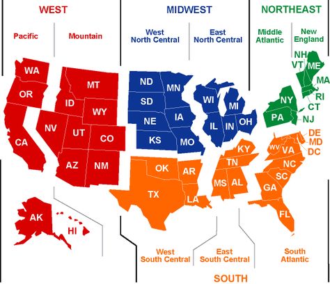 I like this version of a U.S. regions map - divided into 4 overall regions, then sub-divided into smaller regions.  Map by the U.S. Census Bureau. Mental Map, 4th Grade Social Studies, Best Health Insurance, States And Capitals, Teaching Geography, 5th Grade Social Studies, Homeschool Geography, Homeschool Social Studies, Human Geography