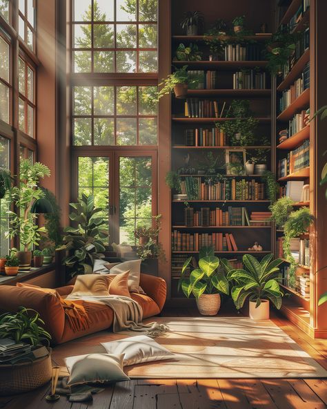 Greenhouse Library Aesthetic, Cottagecore Home Library, Dream Home Library Aesthetic, Library Room Inspiration, Garden Library Aesthetic, Enchanted Library Aesthetic, Zen Library, Garden Art Studio, Cozy Library Aesthetic