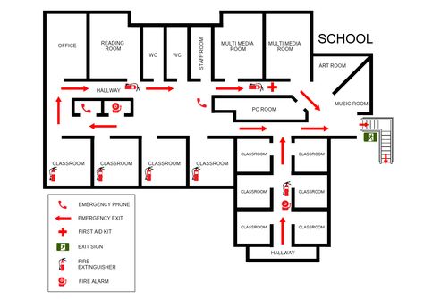 This is a School Emergency Plan template designed to help school officials assist the local emergency response and community service in the event of an accident, fire, or need for quick, and safe evacuation plan procedures. The template is a 100% customizable and you can edit every aspect of it with a few simple clicks in MyDraw. Home Evacuation Plan, Fire Evacuation Plan, Fire Exit Plan, Evacuation Center Architecture, Hazard Map, Emergency Evacuation Plan, School Floor Plan, Home Day Care, Evacuation Plan