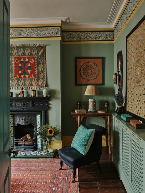 85 stylish living room ideas to copy now | House & Garden Stylish Living Room Ideas, Sage Green Paint Color, Sage Green Paint, William Morris Wallpaper, Fireplace Tile Surround, Morris Wallpapers, Paint And Paper Library, Moroccan Interiors, Edwardian House