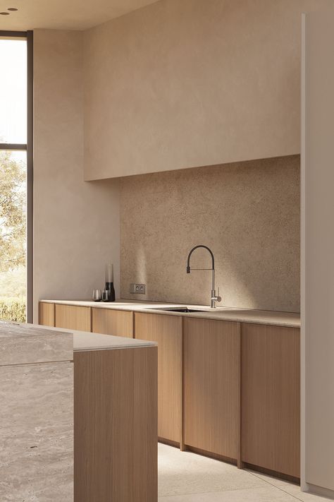 Warm Beige, Greige, Wood & Travertine Decor Japandi Kitchen, Minimal Kitchen Design, Minimal Kitchen, Japandi Interior, Beige Kitchen, Beige Interior, Kitchen Inspiration Design, Wood Interiors, Spacious Living Room