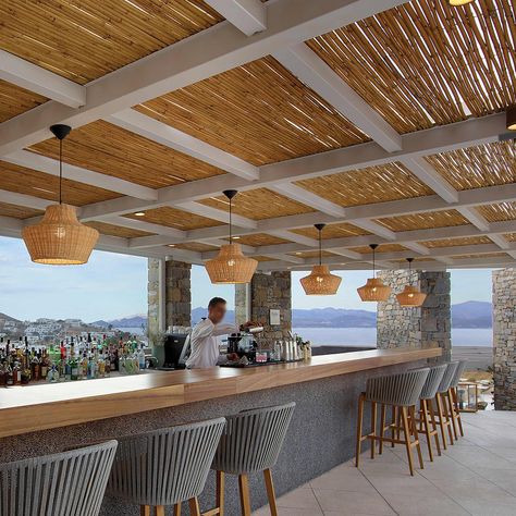 Wood Spool Tables, Bamboo Roof, Natural Building Materials, Modern Roofing, Stone Wall Design, Modern Home Bar, Innovative Architecture, Patio Shade, Landscape And Urbanism