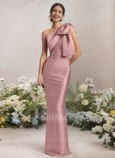 Sheath/Column One-Shoulder Satin Bridesmaid Dresses With Bow(s) Bridesmaid Dresses With Bow, Maid Of Honor Dresses, Dresses With Bow, Uzun Boy, Sparkle Wedding Dress, Coral Blush, Dress Bow, July Wedding, Dusty Rose Color