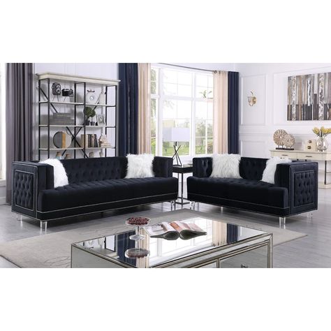 Rosdorf Park Deans 2 Piece Velvet Living Room Set | Wayfair Black Velvet Sofa, Velvet Tufted Sofa, 3 Piece Living Room Set, Velvet Living Room, Sofa And Loveseat Set, Living Room Sofa Set, Acrylic Legs, Tufted Sofa, Acme Furniture