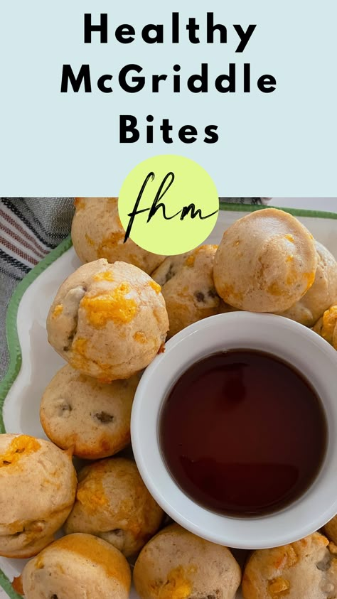 recipe - Healthy McGriddle Bites Breakfast Bites Make Ahead Healthy, Healthy Pancake Sausage Muffins, Egg Muffin Recipes For Breakfast, Healthy Mcgriddle Muffins, Protein Pancake Mcgriddle, Healthy Mcgriddle Bites, Pancake Bites With Sausage, High Protein Sausage Pancake Muffins, Pancake Egg Sandwich