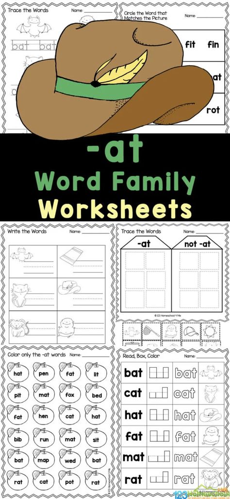 -at Word Family Worksheets At Word Family, Kindergarten Literacy Worksheets, Word Family Sort, Word Families Printables, Rhyming Worksheet, Kindergarten Word Families, Family Worksheets, Cvc Words Worksheets, Word Family Activities