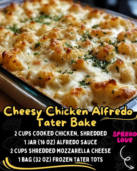 Quick & Delicious Cheesy Chicken Alfredo Tater Bake Tater Casserole, Cheesy Chicken Alfredo, Cheeseburger Meatloaf, Baked Meatloaf, Chicken Alfredo Casserole, Creamy Alfredo Sauce, Mexican Casserole Recipe, Meat Lovers Pizza, Chicken Parmesan Pasta