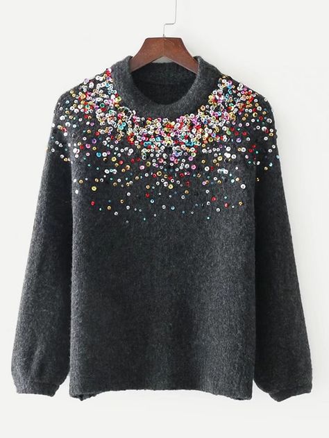 Sequin Embellished Raglan Sleeve Sweater -SheIn(Sheinside) Embroidery Dress Diy, Stile Casual Chic, Look Legging, Raglan Sleeve Sweater, Embellished Sweaters, Pola Sulam, Sequin Sweater, Embroidery Designs Fashion, 자수 디자인