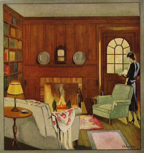 MORRIS HOUSE PINE ROOM, PER SHEVLIN PINE, 1931. Vintage Room Drawing, 30s House Interior, Cozy Living Room Drawing, Cozy Fireplace Drawing, British Living Room, Country House Living Room, Painted Rooms, Table Sketch, Bungalow Living Room