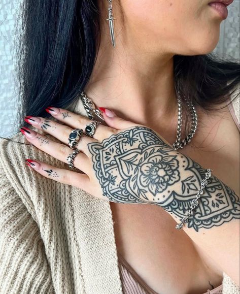 Sleeve To Hand Tattoos For Women, Hand Tattoos For Women American Traditional, Tattoo Ideas Female Hand For Women, Henna Inspired Tattoo Sleeve, Ornate Hand Tattoo, Line Work Hand Tattoo, Spiritual Hand Tattoos For Women, Hand Cuff Tattoo, Celestial Hand Tattoo