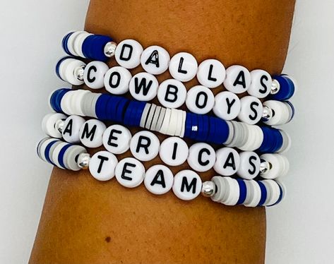 Dallas Cowboys Beaded Bracelet, Dallas Cowboys Clay Bracelets, Dallas Cowboys Bracelets, Slay Bracelets, Cowboy Bracelet, Dallas Cowboy Bracelet, Bracelet Business, 80s Stuff, Stacked Beaded Bracelets