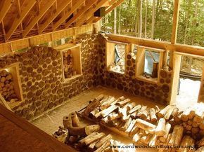 Adam & Erica Konopka and their children, started building a Cordwood Cabin near the shores of Lake Michigan this past summer. The cabin has 24″ thick walls with foam insulation in the cen… Cordwood Cabin, Cordwood House, Cordwood Construction, Industrial Tables, Diy Cottage, Cordwood Homes, Hobbit Houses, Eco Construction, Soap Studio