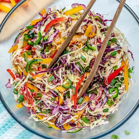 Supper Salads, Cfc Recipes, Cleanfoodcrush Recipes, Thm Salads, Rainbow Slaw, Barbeque Sides, Slaw Dressing, Clean Food Crush, Slaw Recipes