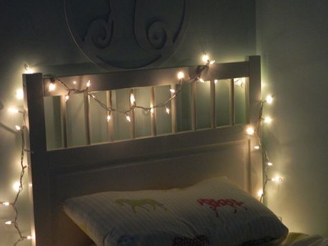 bed frame Lights On Bed Frame, Ways To Decorate Your Apartment, Room String Lights, Decorate Your Apartment, String Lights In The Bedroom, Hanging Christmas Lights, Starry Lights, Ikea Bed, Beauty Salon Interior