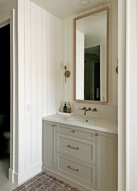 Vertical Shiplap Primary Bathroom Reveal | Vertical Shiplap In Bathroom, Bathroom With Vertical Shiplap, Shiplap In Bathroom, Shiplap Bathroom Wall, Benjamin Moore Simply White, Vertical Shiplap, Beadboard Bathroom, Shiplap Bathroom, Primary Bathroom