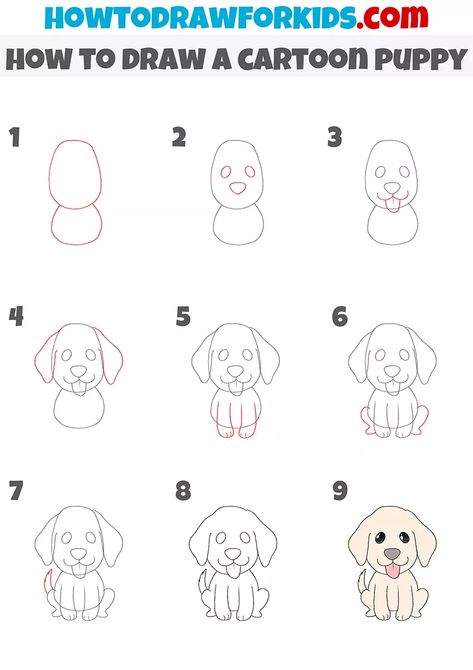 Dog Drawing Easy Step By Step, Dog Drawing Tutorial Easy, Puppy Drawings Easy, Puppy Cartoon Drawing, Puppy Doodle Drawing, Cartoon Dog Drawing Easy, Easy Dog Drawing Simple, Drawing Puppies, Simple Dog Drawing