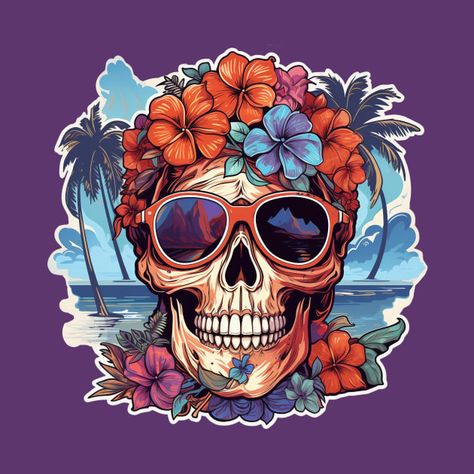 Skull Illustration Design, Purple Fits, Skull Illustration, Hawaiian Beaches, Beach Design, Hawaiian Style, Skull Tshirt, Hawaiian Islands, Skull Design