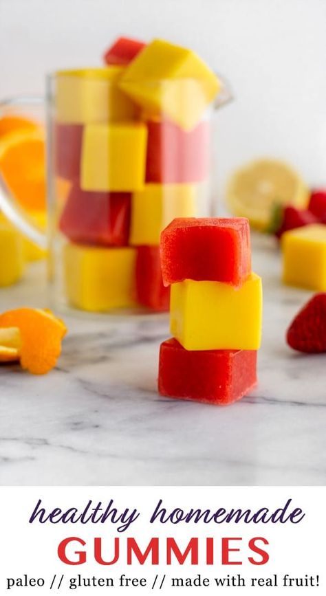 Paleo Healthy Homemade Gummies made with real fruit (not juice)!! A great option for an easy and healthy all-natural snack with protein and no artificial junk in them! - Eat the Gains #paleo #gummies #homemade #gummysnacks Aip Sides, Gummy Snacks, Healthy Gummies, Homemade Gummies, Man Recipes, Daniel Plan, Gelatin Recipes, Natural Snacks, Healthy Protein Snacks