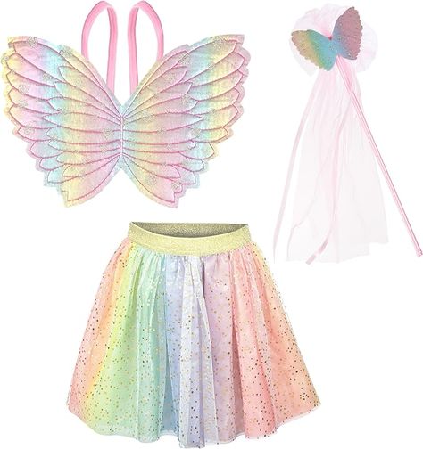 Amazon.com: Expressions Girls Dress Up Rainbow Princess Butterfly Costume Skirt, Wings and Wand Set, Children Ages 3-10, One Size Fits All : Clothing, Shoes & Jewelry Butterfly Topper, Baby Costumes Girl, Butterfly Costume, Metallic Rainbow, Butterfly Kids, Tulle Tutu Skirt, Girls Dress Up, Rainbow Butterfly, Golden Glitter