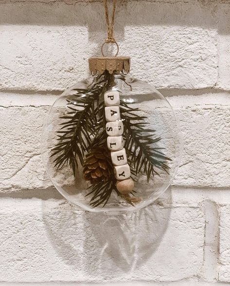 Custom Pinecone Sprig Ornament made to order with your family member, neighbor, friend or special someones name in your life. These are great Christmas gifts. People love giving the gift of personalization, especially, for those not so common names. Acorn Pinecone Craft, Diy Christmas Personalized Ornaments, Fit Christmas Gifts, Christmas Ornament Gifts From Kids, Christmas In A Jar Decoration, Grandchildren Christmas Ornaments, Family Name Christmas Ornaments, Homemade Personalized Christmas Ornaments, Group Ornament Ideas