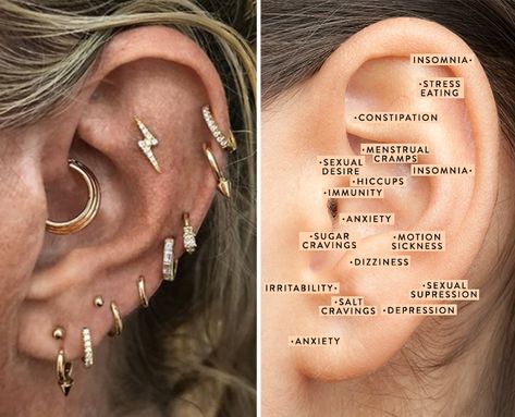 Are Your Trendy Ear Piercings Helping You On A Wellness Level? Acupuncture Piercing Ears, Eat Piecing Ideas, Places To Pierce Your Ear, Piercings Acupuncture, Ear Piercing Acupuncture Points, Ear Piercing Acupuncture, Piercings Places, Piercing Acupuncture, Acupuncture Piercing